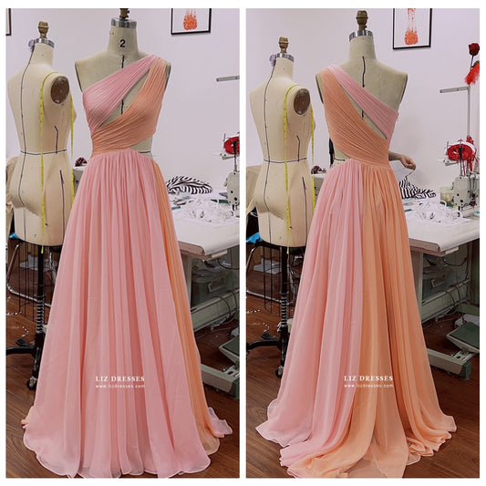Pink and Orange One-shoulder Chiffon Formal Prom Dress