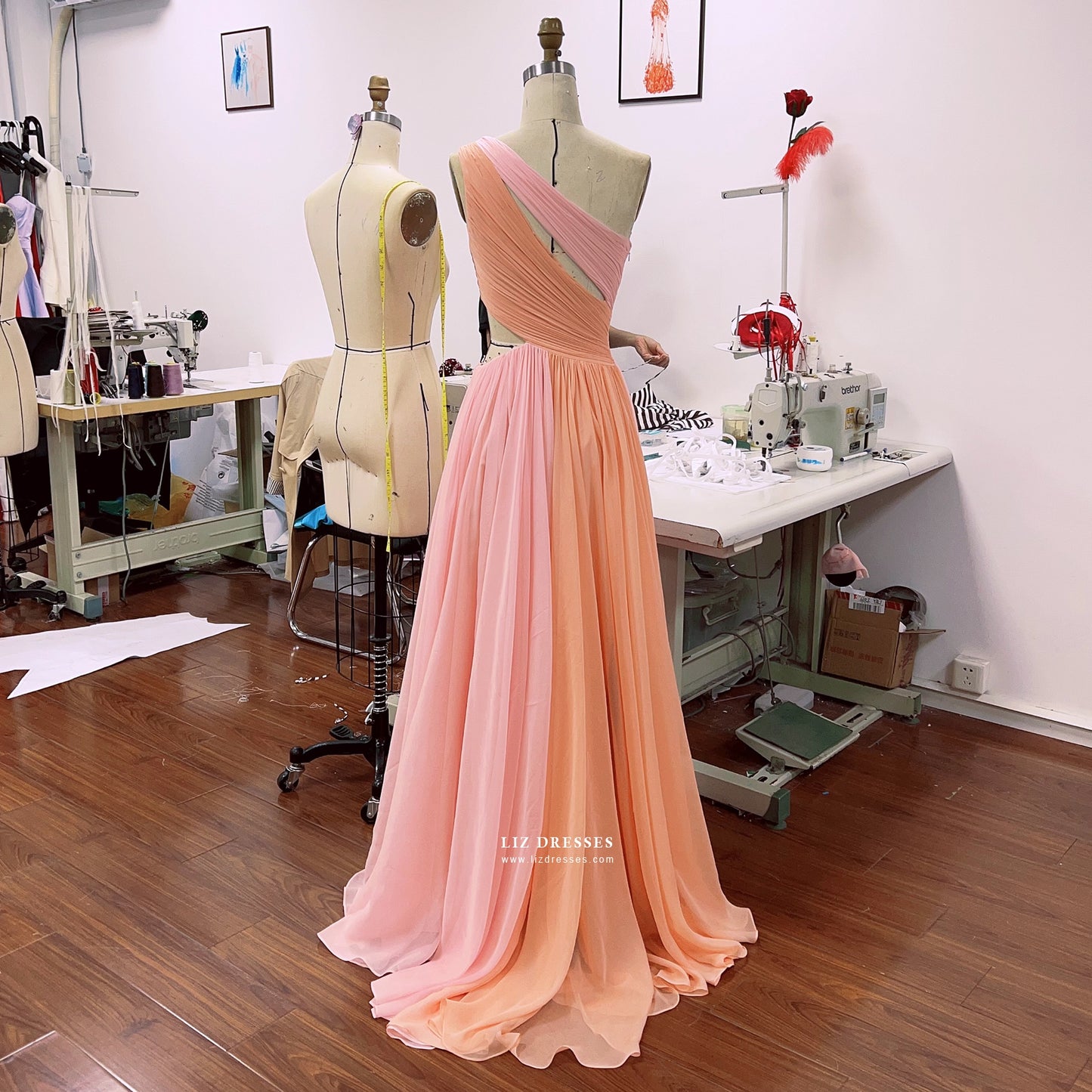 Pink and Orange One-shoulder Chiffon Formal Prom Dress