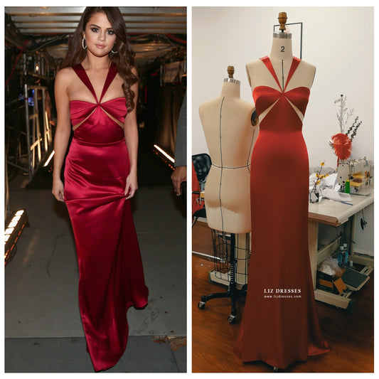 Selena Gomez Red Satin Formal Prom Dress Grammys 2016